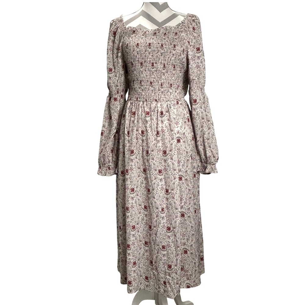 Hayden Los Angeles Smocked Floral Long Sleeve Midi‎ Dress Bohemian Cottagecore L